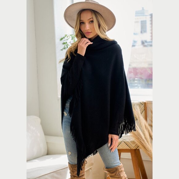 ON BLUE Black Light Weight Cowl Neck Poncho - Picture 7 of 16